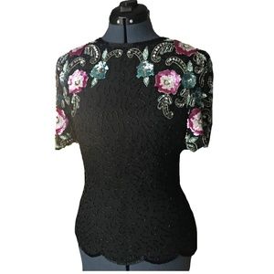 Black Vintage Floral Beaded Silk Blouse sz Small